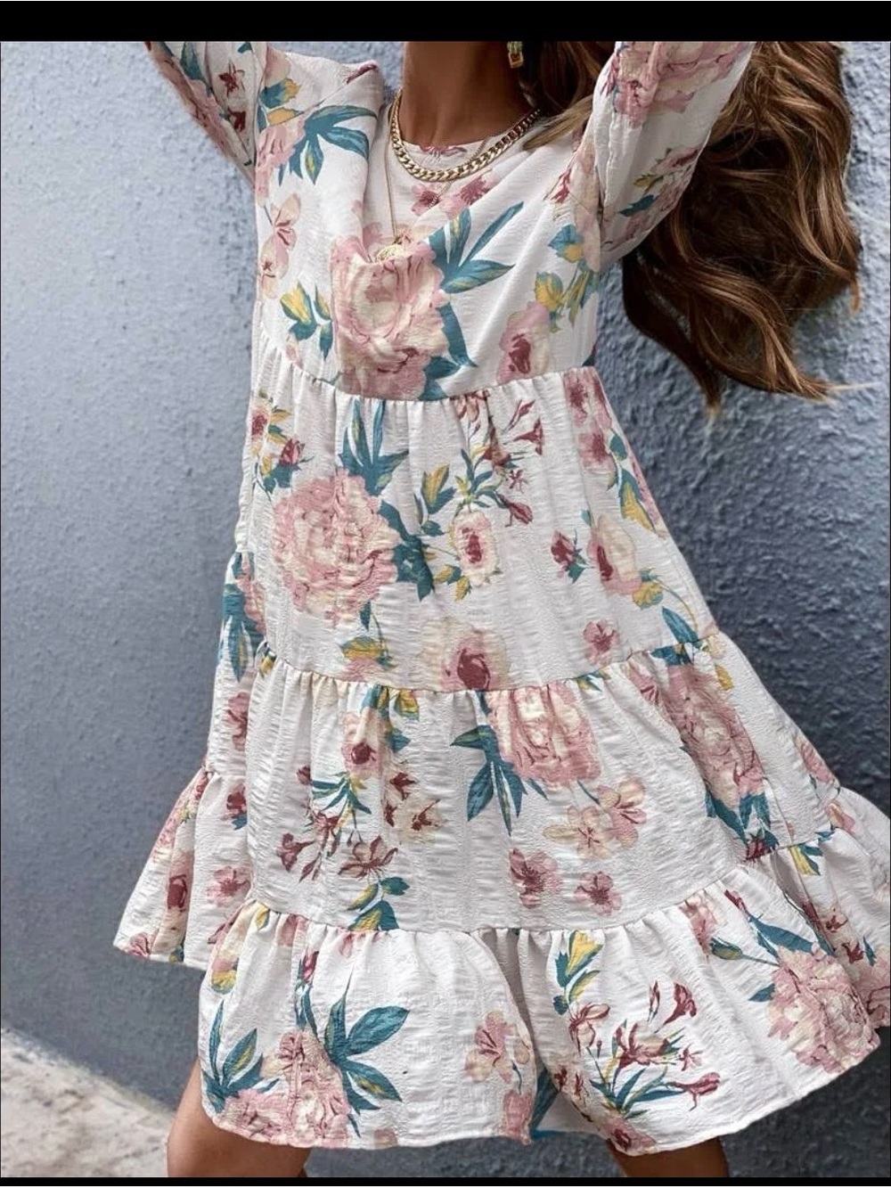 Zara White Floral Tiered Dress with Pink & Teal Print